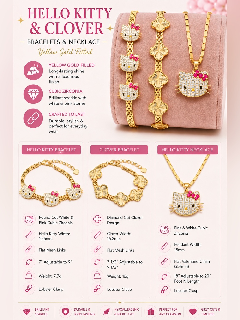 Pretty Bird Diamond-Cut Clover & Hello Kitty CZ Set Bracelet - Picture 3 of 12
